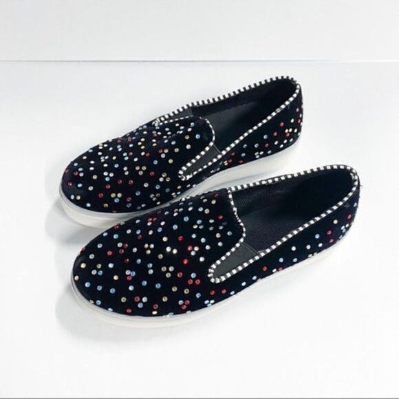 Women's Slip-Ons Flats Heels Round Toe Rhinestone Solid Colored Black Loafers - Picture 2 of 6